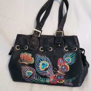 Anuschka hand painted purse Butterflies & Peacock feathers